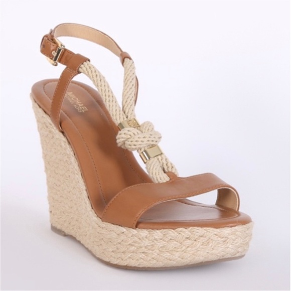 MICHAEL KORS Holly Rope Trim Leather Wedge Sandals Brown 7.5 - Picture 1 of 7